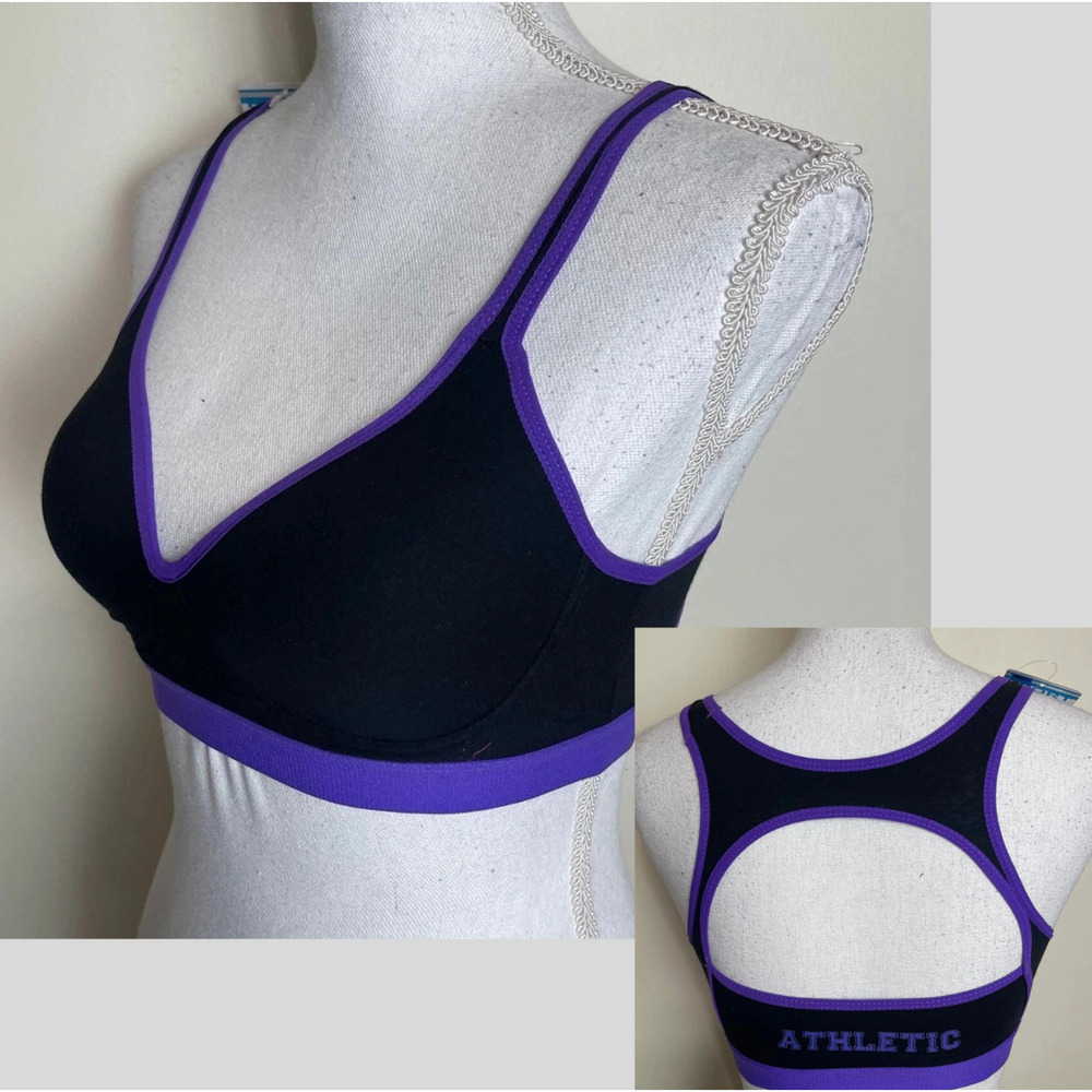 SIZE 34D Youmita Athletic Sports Bra PADDED Wireless Keyhole Racerback BLCK-PURP
